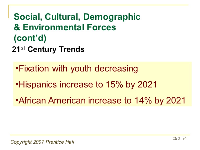 Copyright 2007 Prentice Hall Ch 3 -34 Social, Cultural, Demographic & Environmental Forces (cont’d)